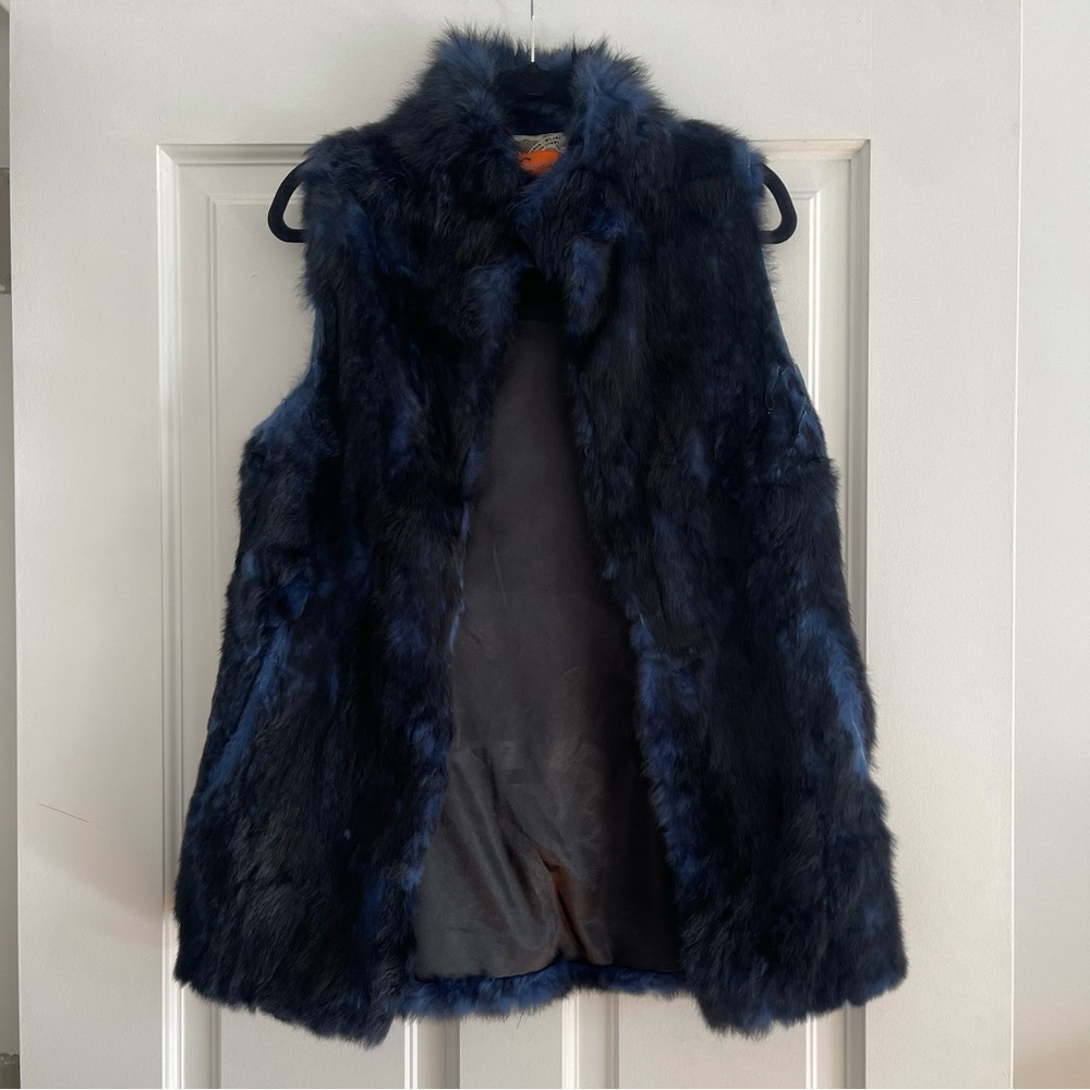 Black & blue rabbit fur vest